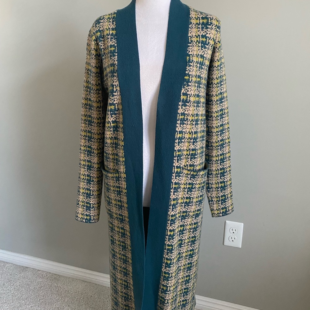 Christian Siriano Teal and Cream Long Open Cardigan